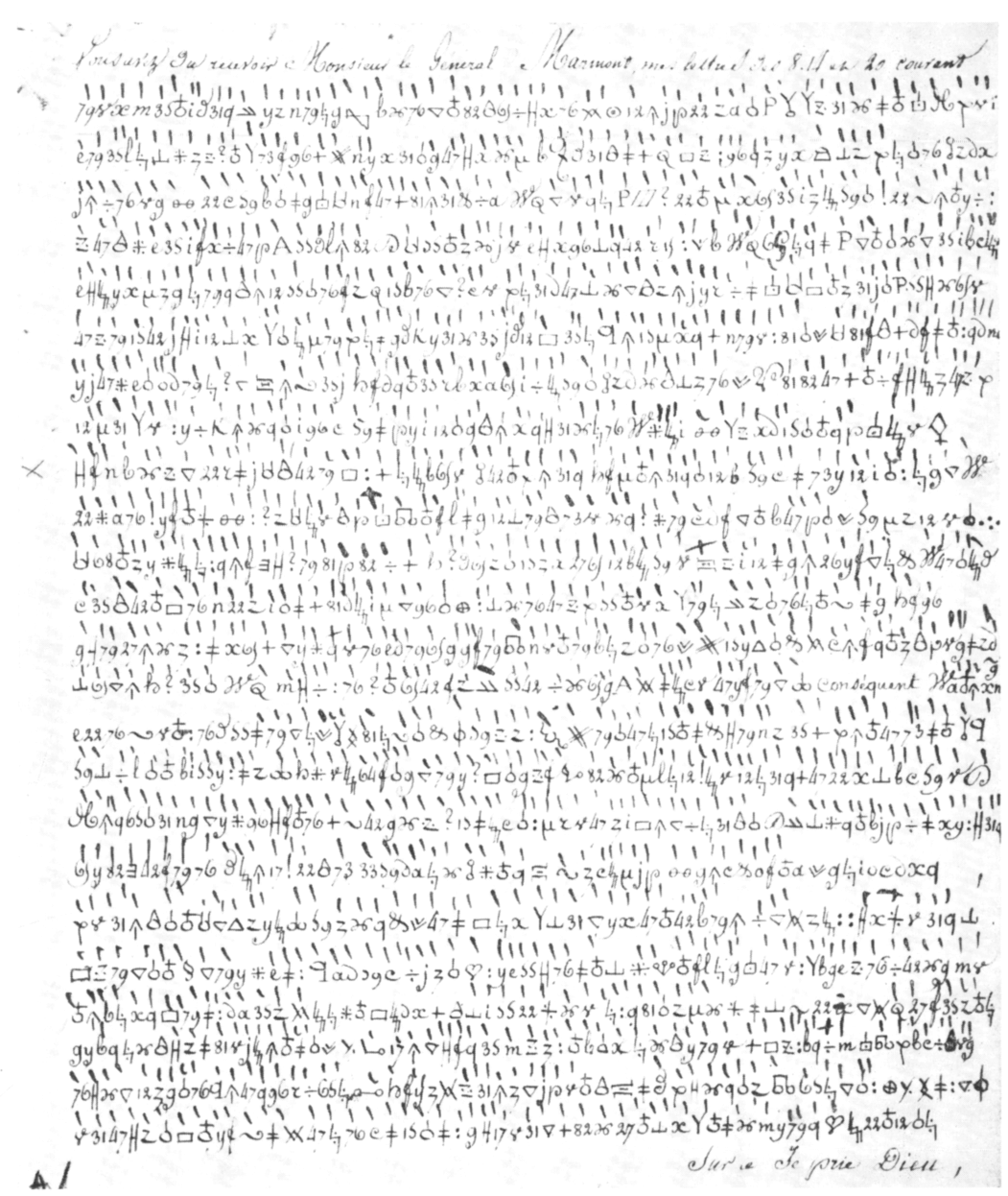 The cipher letter to General Marmont as reproduced in 1969: one line of plain French, then 24 rows of cipher.