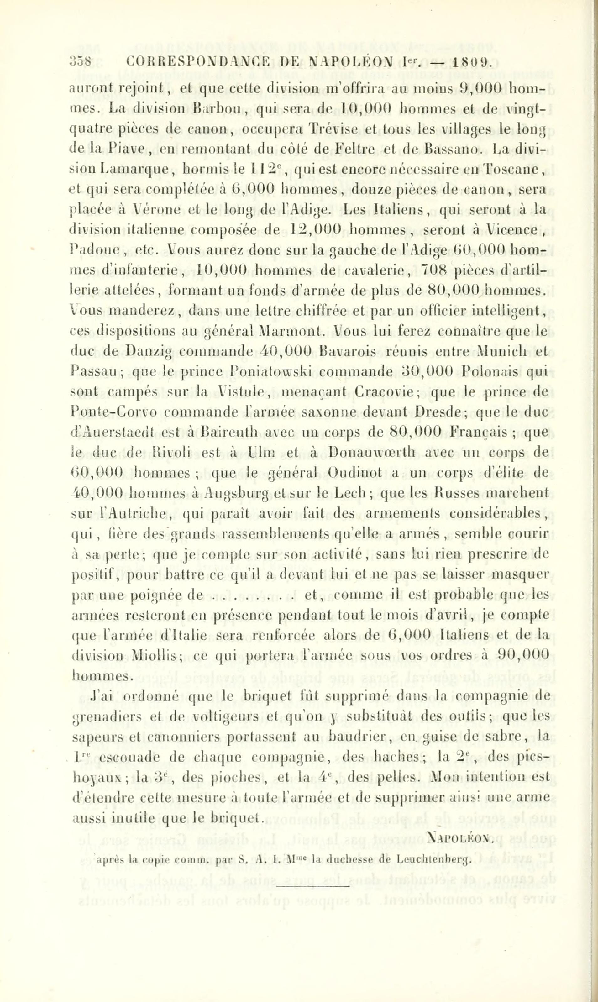 Page 358 of the Correspondance de Napoléon Ier, vol. 18: the end of Napoleon's letter to Eugène of 16 March 1809, with the instruction to write to Marmont in cipher.